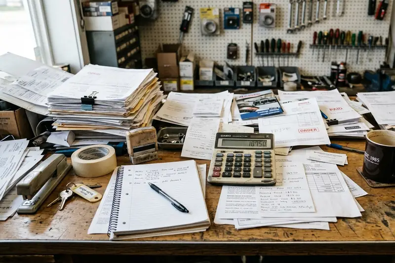 A desk buried in receipts, order slips, a notebook and a calculator