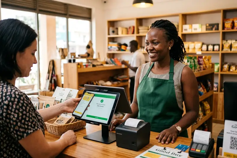 A shopkeeper smiling behind her counter while a customer pays with mobile money on a tablet till