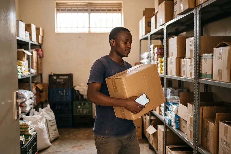 A store keeper carrying a carton through the stock room, checking his phone