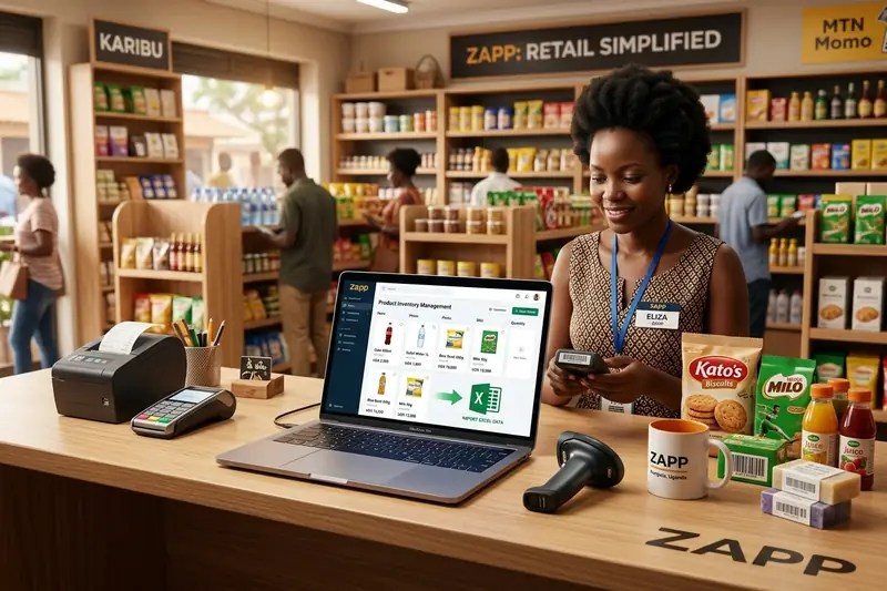 A shop worker with a barcode scanner next to a laptop showing a product list being imported from Excel