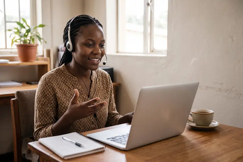 A smiling support person with a headset helping a customer over a laptop call